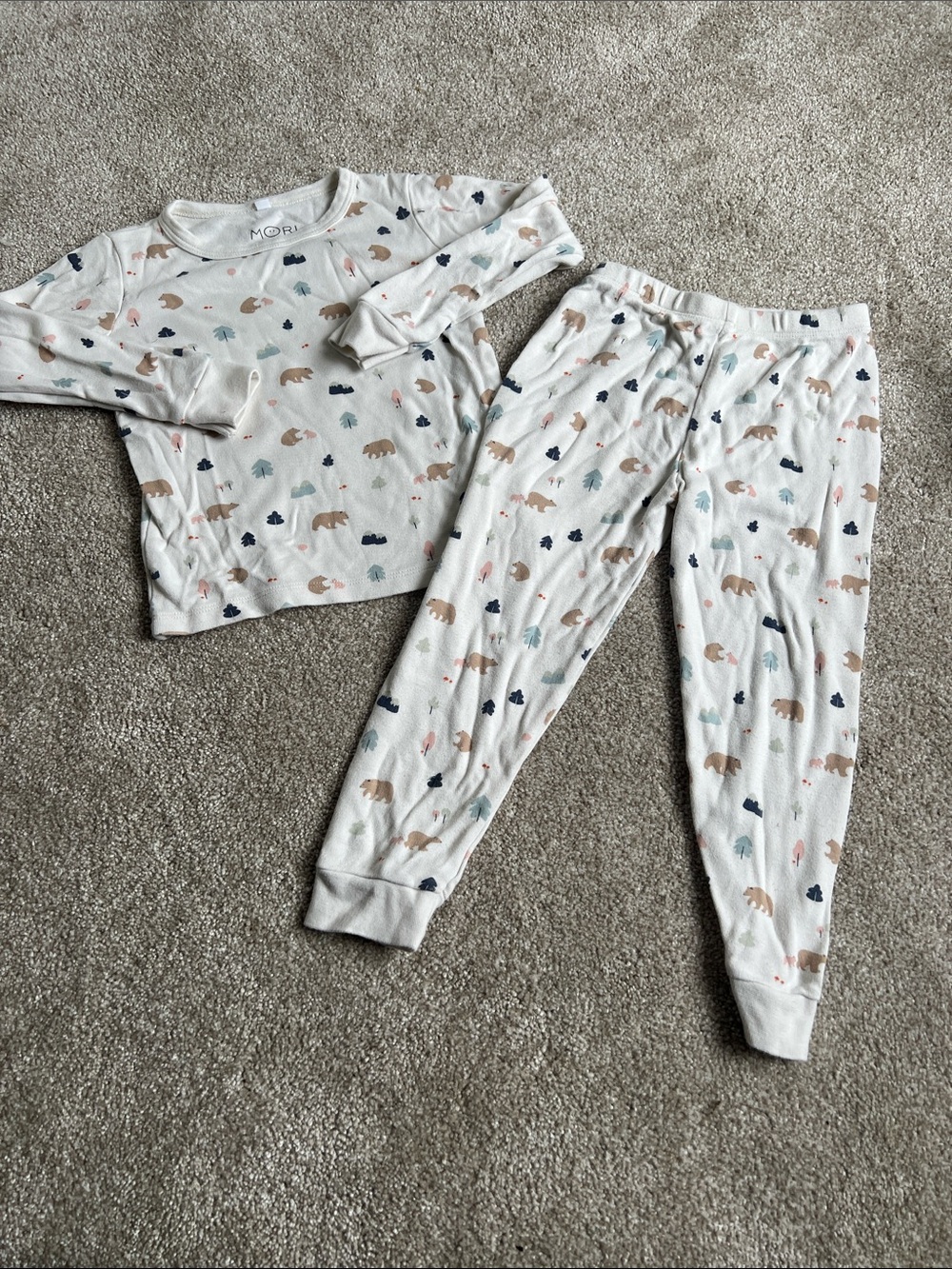 MORI Kids White Bear & Tree Print Pajama Set - Long Sleeve Top & Pants